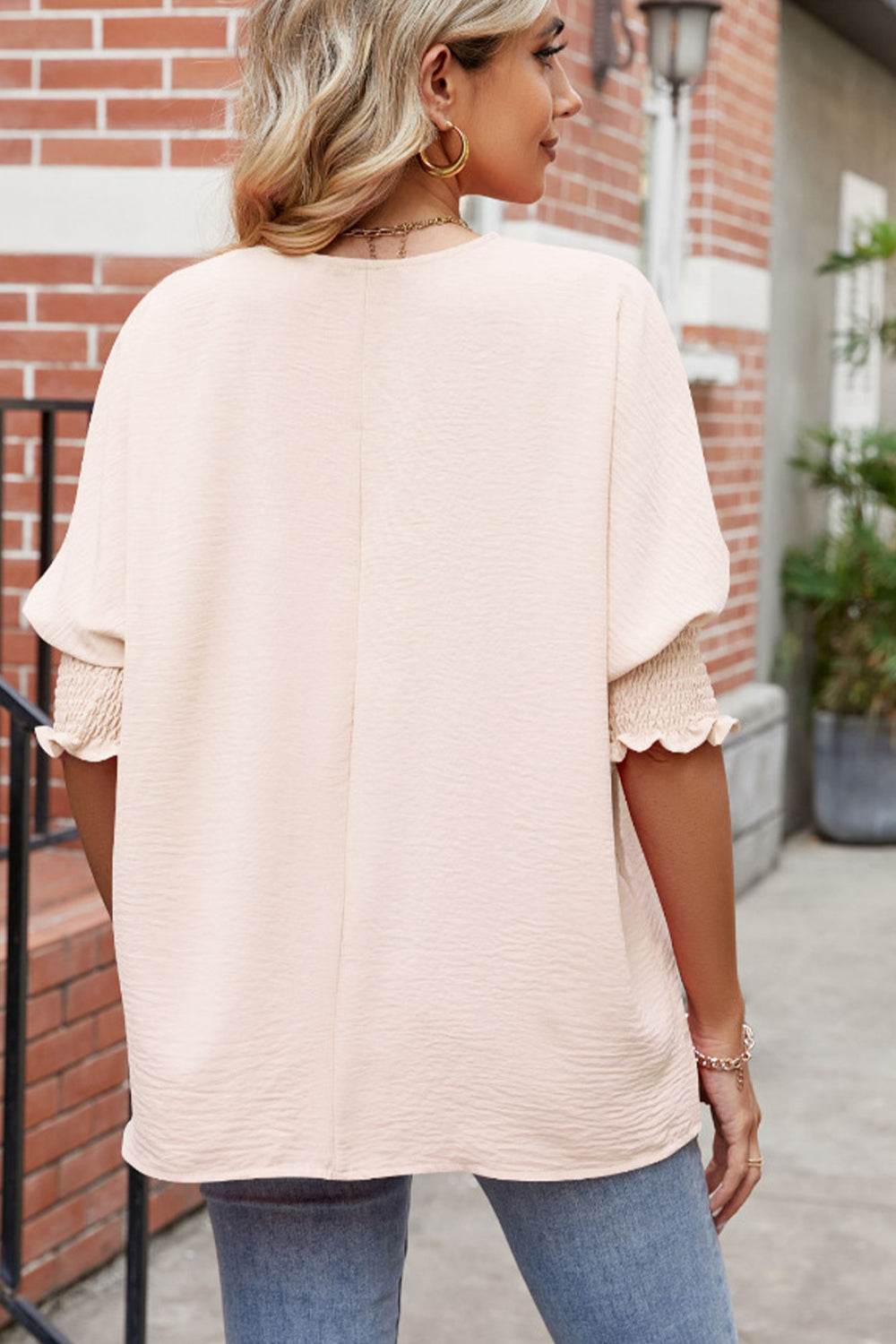 Round Neck Smocked Lantern Sleeve Blouse Trendsi fa77d9f7152f4cc9a948ce3edfd17408-Max