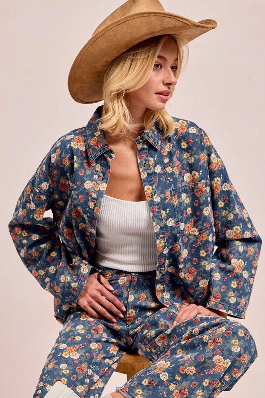 BiBi Washed Floral Print Denim Jacket DENIM Trendsi fa81953db43b4347a8400e04f43594f3-Max-Origin