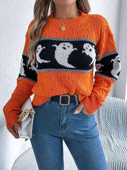Ghost Round Neck Long Sleeve Sweater Orange Trendsi fa88939e-0915-4c58-b1ae-5e53ac031c5c-Max