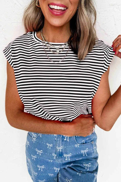 Striped Round Neck Cap Sleeve T-Shirt Gray Trendsi fa962547-ecb5-41c3-8f4e-6d8162354bdb-Max-Origin