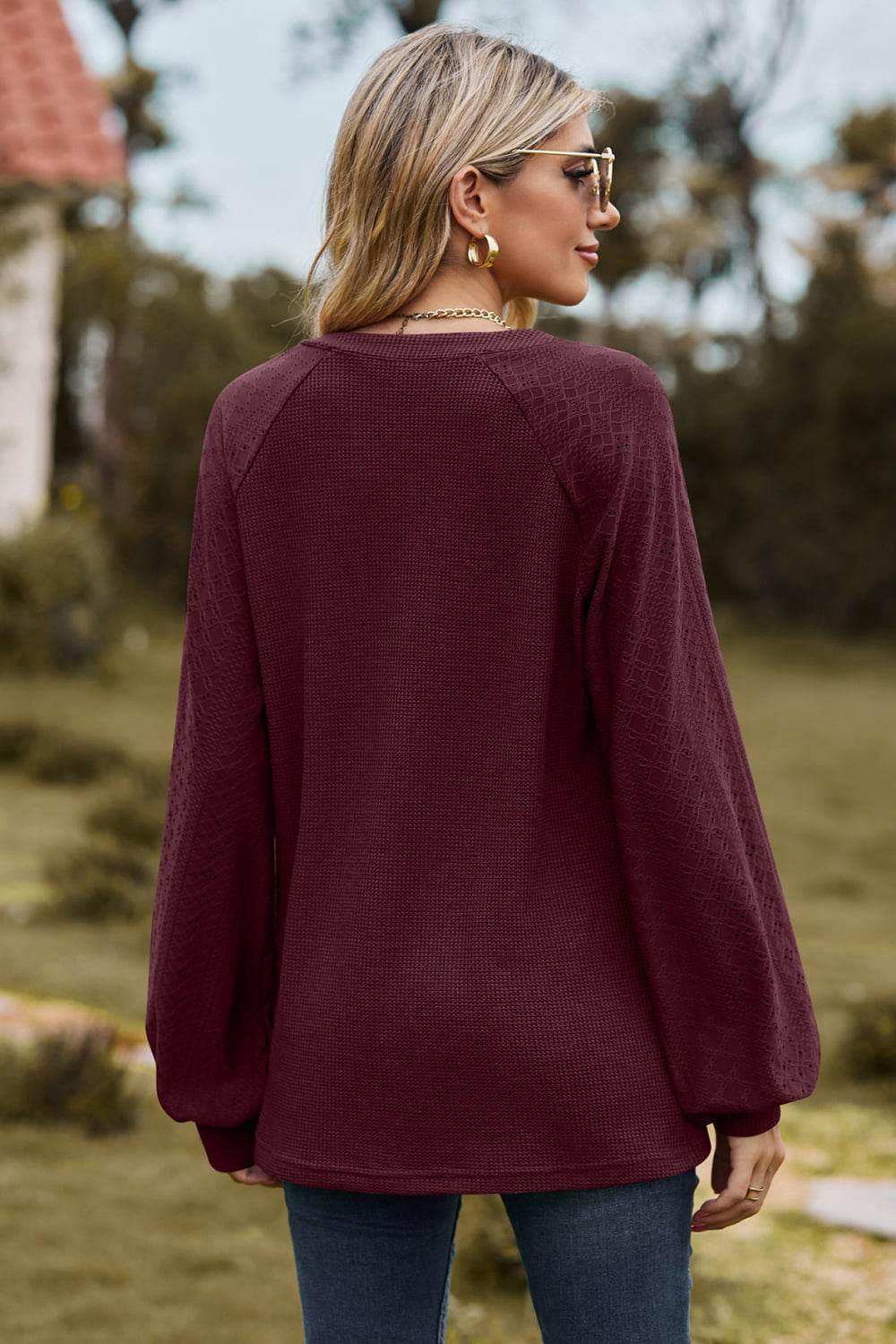 Notched Neck Raglan Sleeve Blouse Trendsi faa882490f6549f0a1ad5a0400827b07-Max