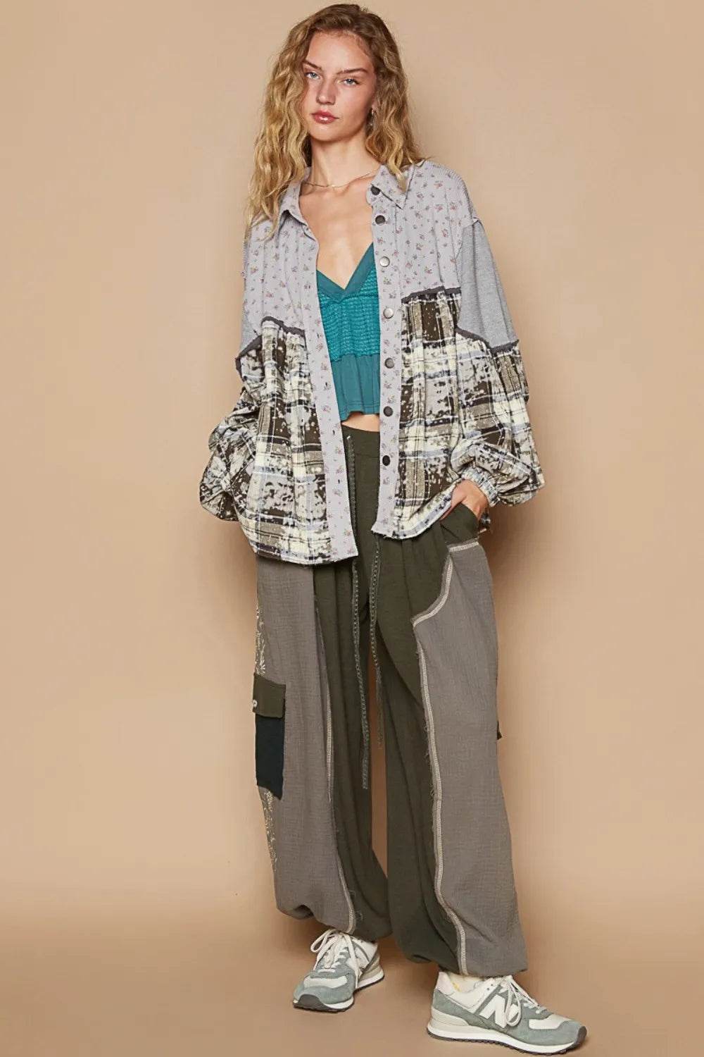 POL Balloon Sleeve Floral Color Block Plaid Shirt Trendsi fab3bdde-3dae-4d57-8b5e-3b98e0f0a5e9-Max