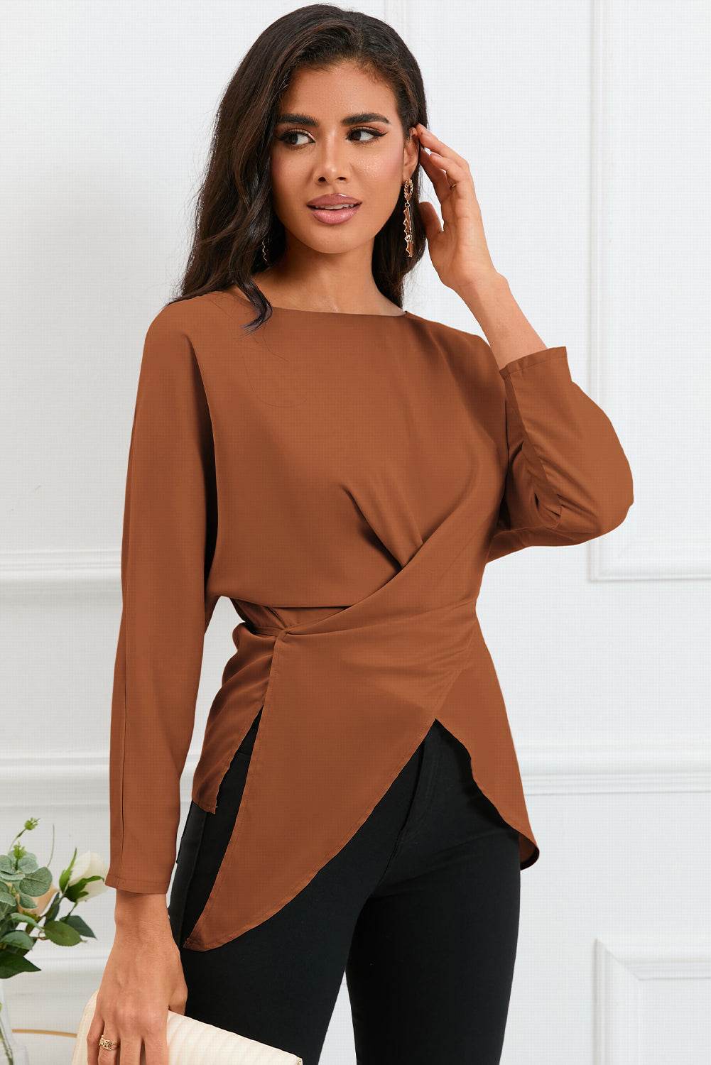 Boat Neck Back Tie Long Sleeve Satin Blouse Ochre Trendsi fadb596fc1e04b2d8bd5c4fcd72c7cc2-Max
