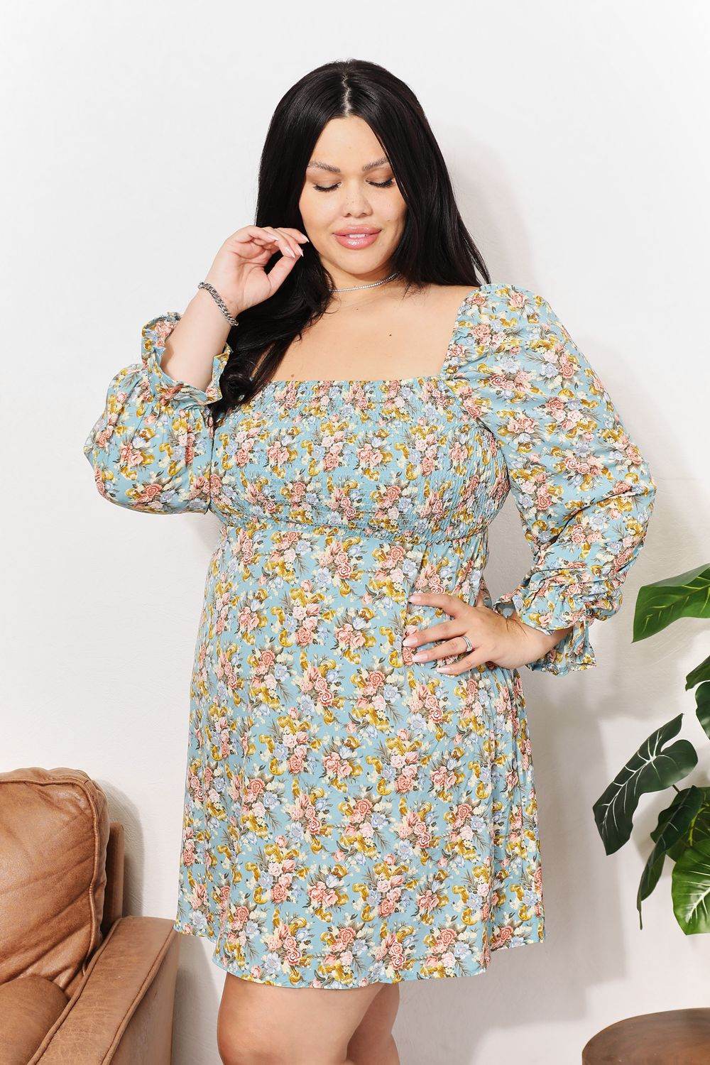 Honey Floral Smocked Flounce Sleeve Square Neck Dress Trendsi fb02602080824f7baf53b1c494da39de-Max