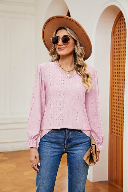 V-Neck Flounce Sleeve Blouse Trendsi fb14decfb9264cd5b928f22870f4e6bd-Max