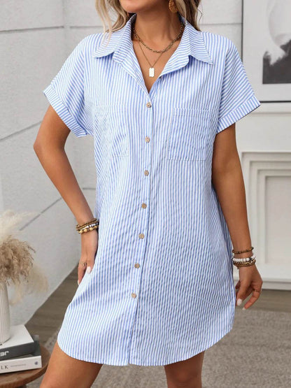 Striped Button Down Short Sleeve Mini Dress Trendsi fb2579cd-29d1-4feb-a328-99b3579c8dd5-Max