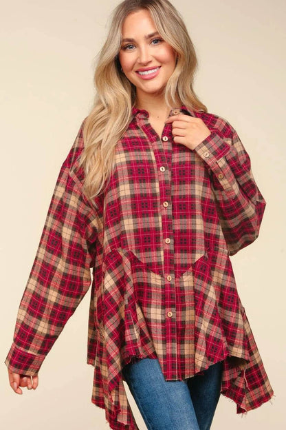 Haptics Plaid Button Down Sharkbite Shirt Burgundy Taupe Trendsi fb2dda55-ed0c-4cd8-ac53-0ff774300f3c-Max