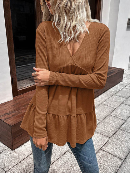 Ivy Lane Waffle-Knit V-Neck Long Sleeve Blouse Caramel Trendsi fb3244c4650d4e38965d1352622f6f1f-Max
