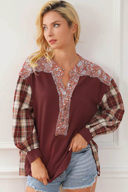 Plaid Notched Neck Slit Blouse Trendsi fb416034427243df8f19777b86348c47-Max