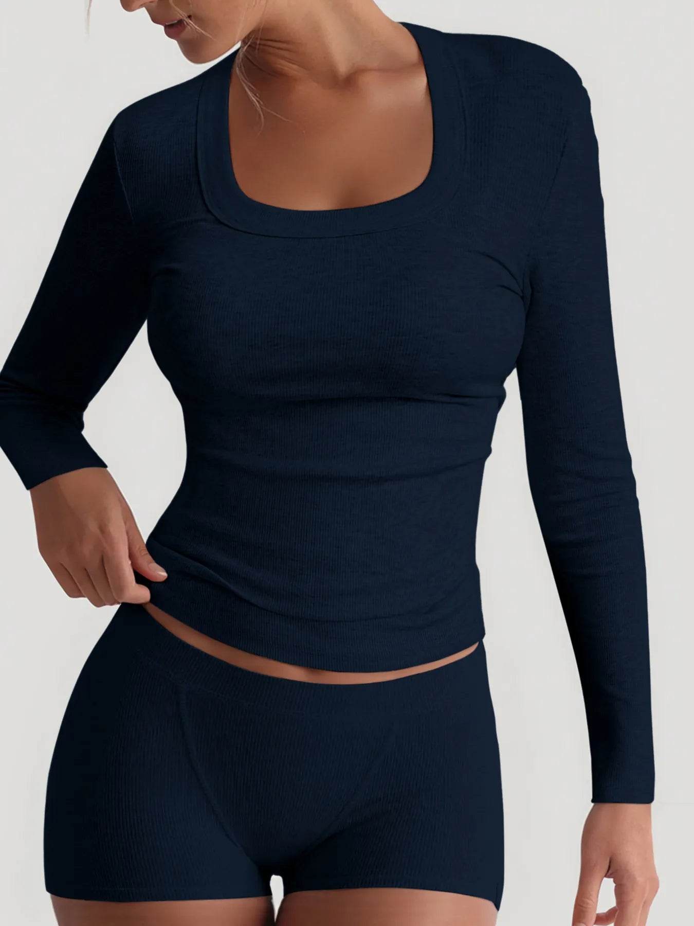 Square Neck Long Sleeve Top and Shorts Set Navy Trendsi fb90826db7954a89bb044456eeb578ad-Max-Origin