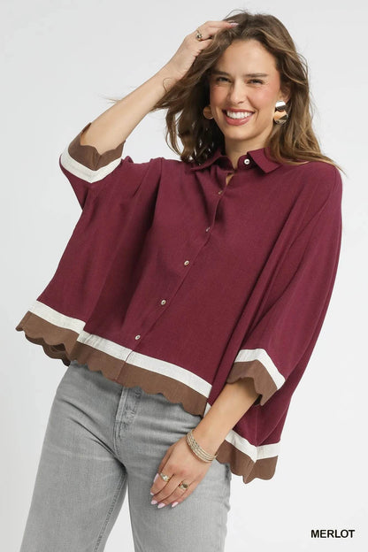 Umgee Colorblock Button-Down Shirt with Scallop Hem MERLOT Trendsi fbb6a94c-aae9-4b7c-a7cd-a5497dd3c27a-Max-Origin