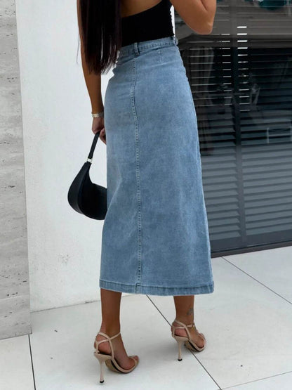 Front Button Slit Midi Denim Skirt Trendsi fbf140f7-2fbd-4c90-b48b-8ca9bedab4a3-Max