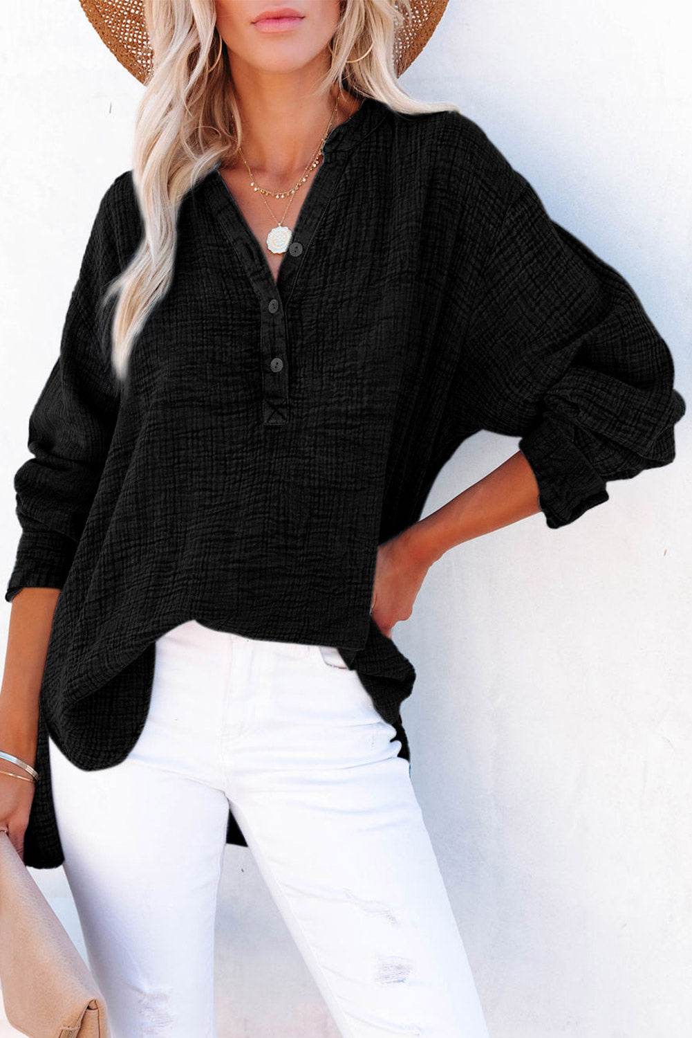 Buttoned Long Sleeve Blouse Black Trendsi fc04439d502848dca12c9a3c244df50e-Max