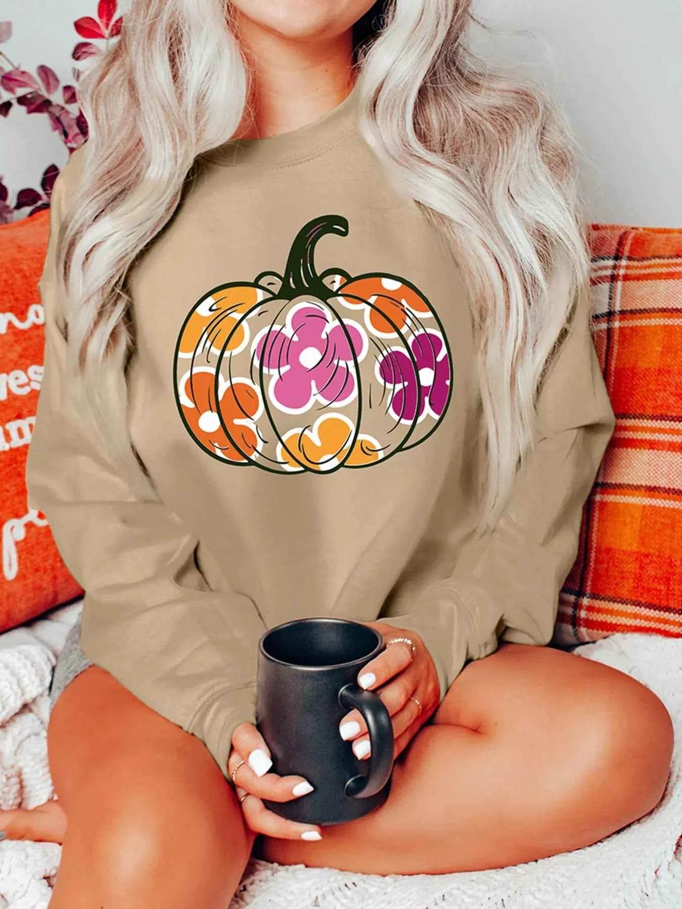 Halloween Floral Pumpkin Graphic Drop Shoulder Sweatshirt Khaki Trendsi fc06274294864821aa76e693f5e2f48e-Max-Origin