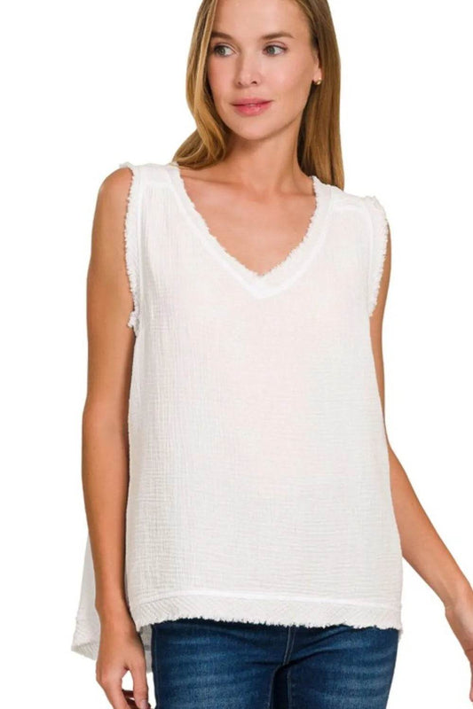 Zenana Double Gauze Raw Edge V-Neck Tank WHITE Trendsi fc06967d-e696-41e8-94b7-5eb4a04349ef-Max-Origin