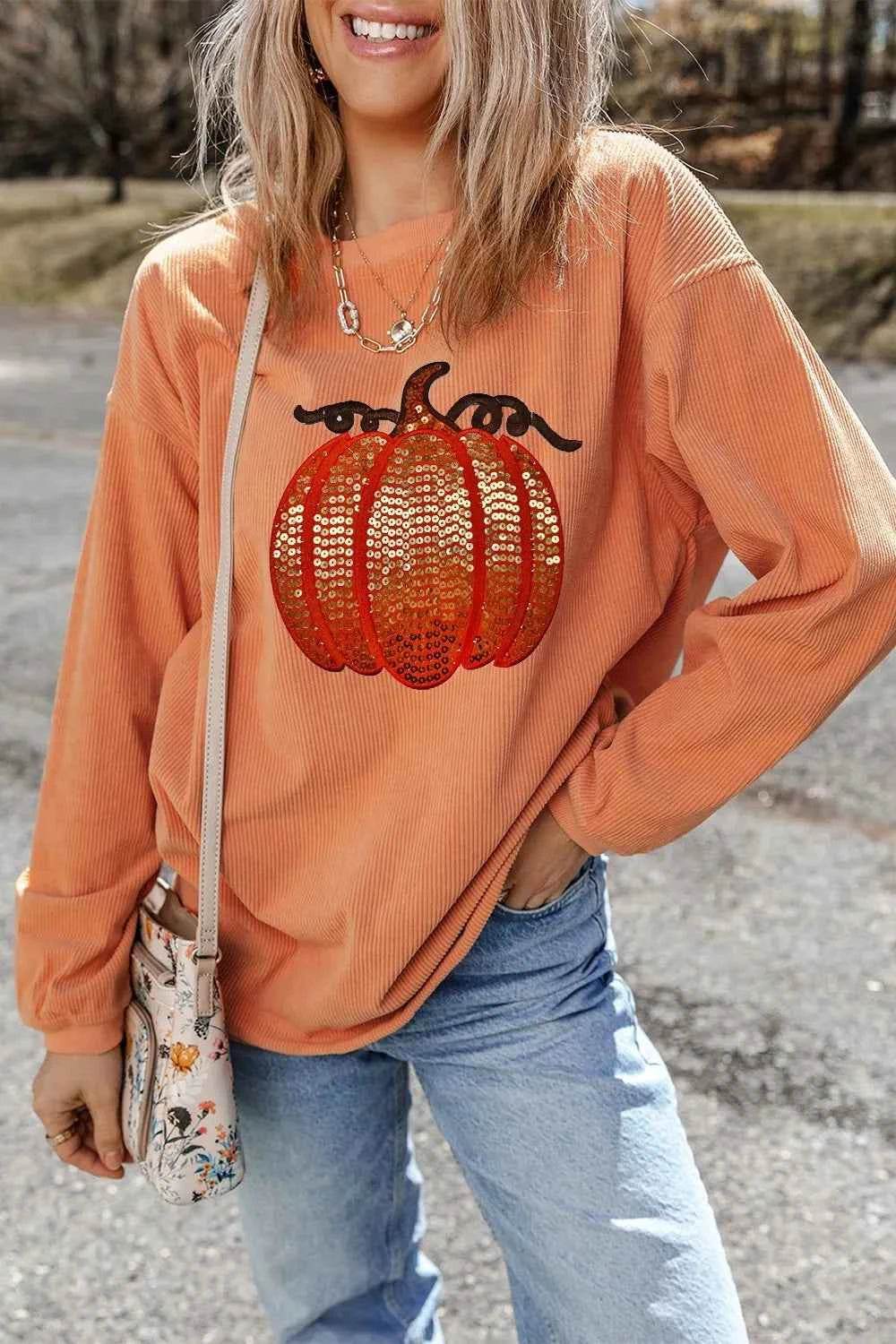 Sequin Pumpkin Round Neck Long Sleeve Sweatshirt Trendsi fc1de5ad-c016-4b91-8795-5153a3963fee-Max