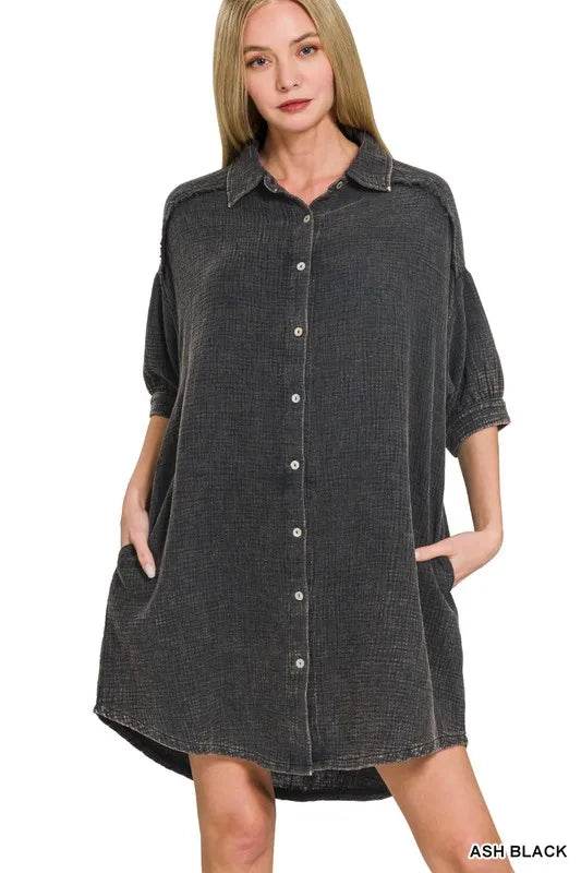 Zenana Washed Double Gauze Button Down Shirt Dress Trendsi fc4277fe73ef46e7947253c5e0513604-Max-Origin