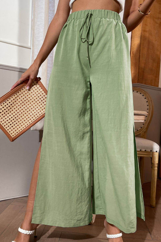 Shiny Side Slit Wide Leg Pants Gum Leaf Trendsi fc49ab17727047a2984ff5c634020f08-Max