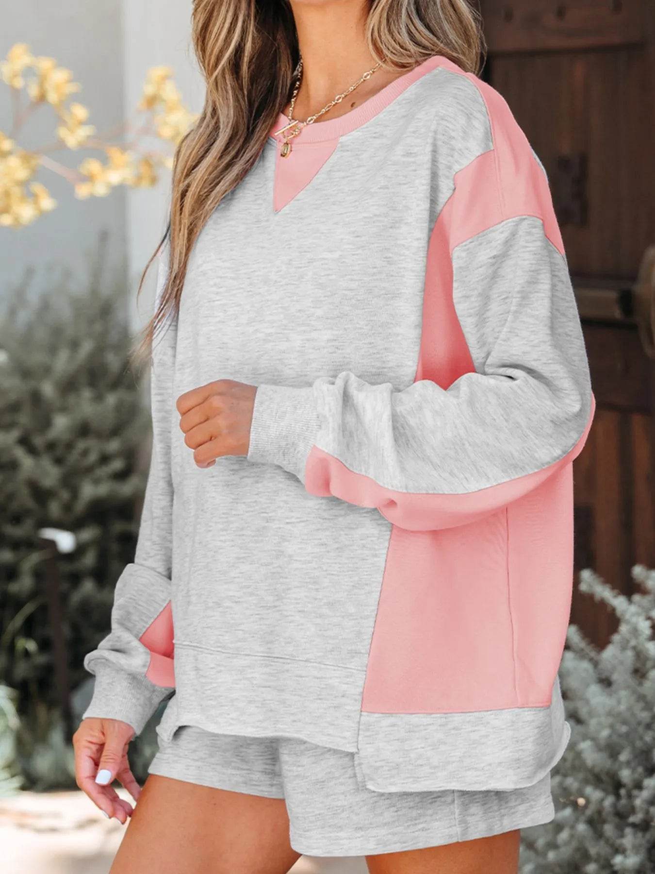 Color Block Long Sleeve Sweatshirt and Shorts Set Trendsi fc77f7e4-1827-4603-b135-03daf1610897-Max-Origin