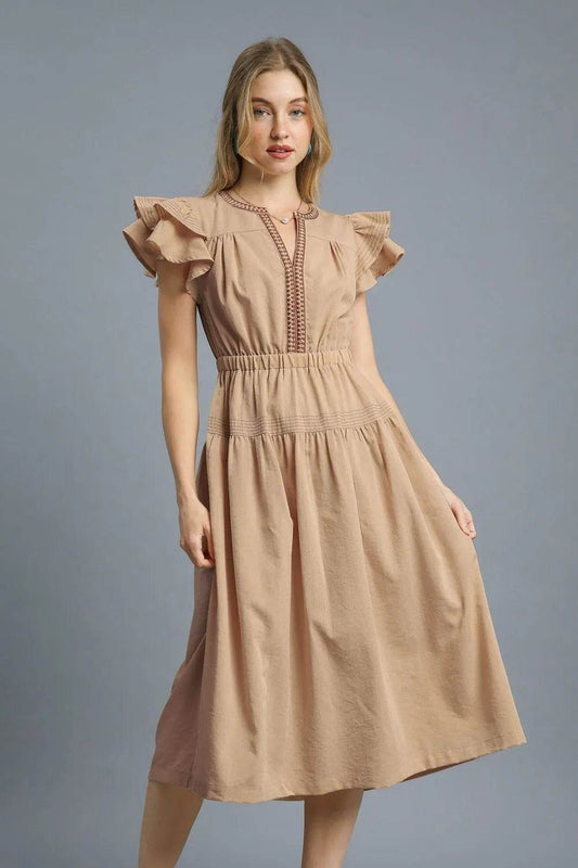 Umgee Ruffled Cap Sleeve Midi Dress with Contrast Trim Detail Tan Trendsi fc7c9d17-f1f8-427f-b655-421adb915595-Max-Origin