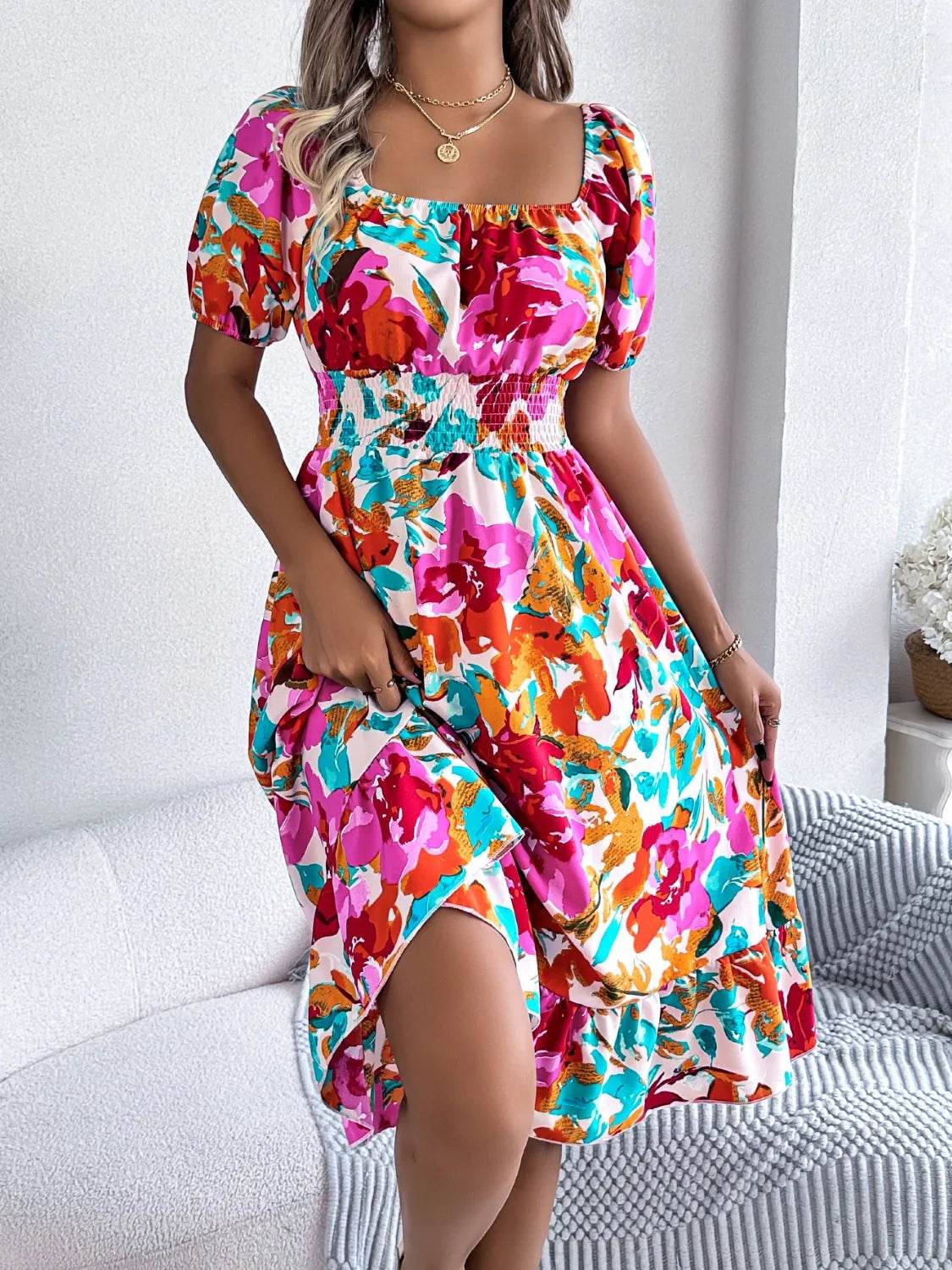 Ruffled Hem Smocked Floral Short Sleeve Midi Dress Trendsi fc8cf422-f5a0-4cd8-8e27-4249ebaf7bc2-Max-Origin