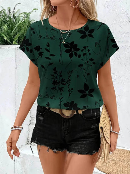Printed Round Neck Short Sleeve Blouse Trendsi fc957e6737ef4284a5c46b4126b6c332-Max-Origin