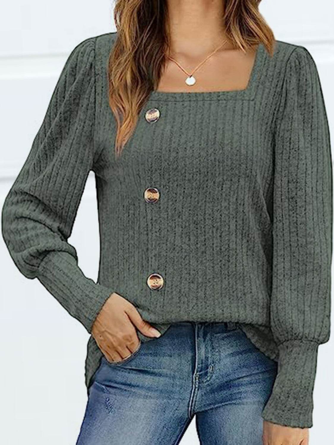 Decorative Button Square Neck Top Sage Trendsi fc95c795d17f40cba81425a3618debcf-Max