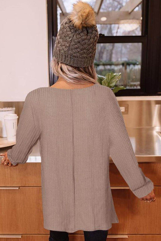 Buttoned Boat Neck Long Sleeve Blouse Trendsi fc97cdc3403f4b94af32c487cf42f575-Max