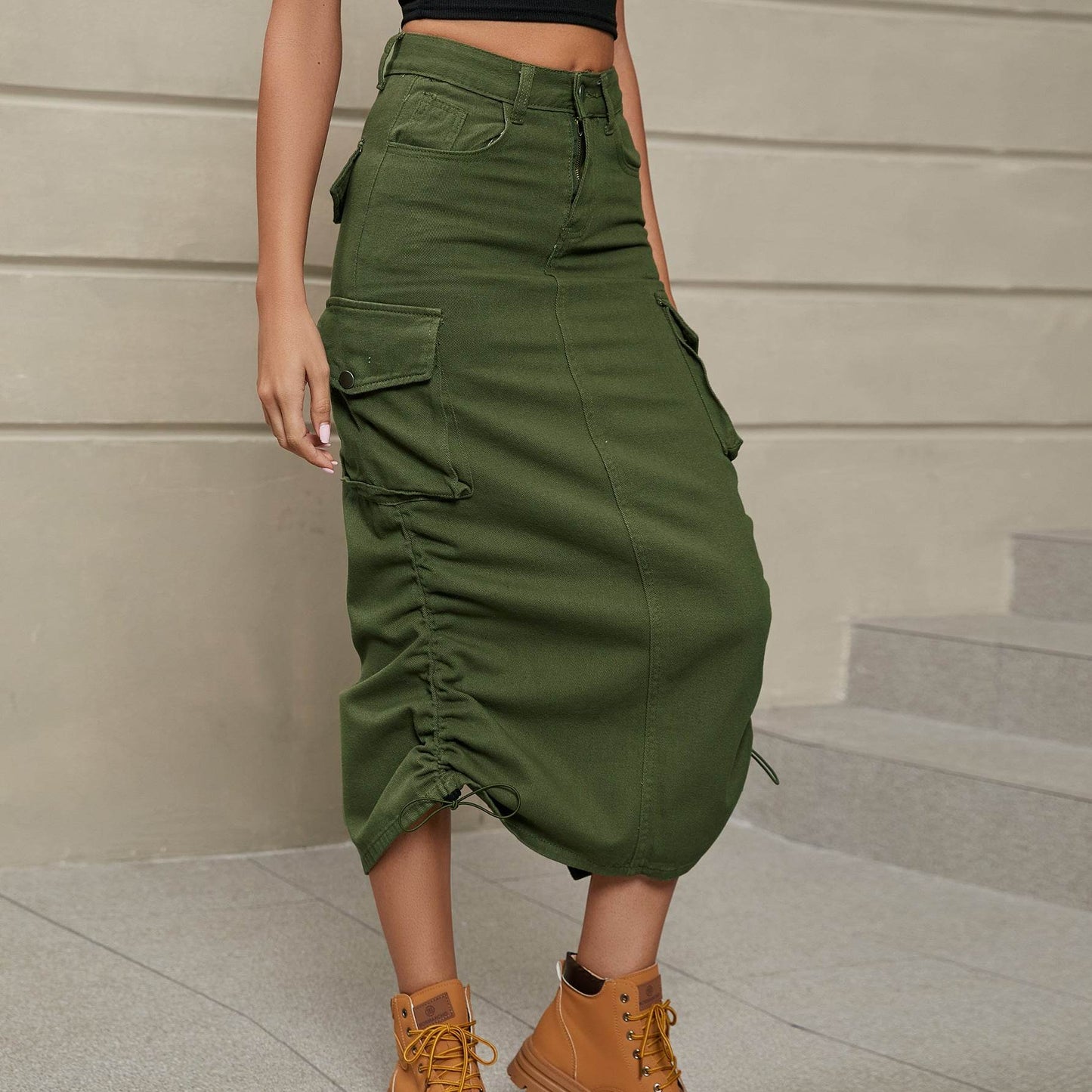 Drawstring Ruched Slit Denim Midi Skirt Army Green Trendsi fc9abea2bb6a4cfb88a70c51d5b4e31f-Max
