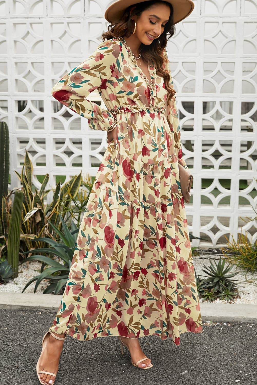 Floral Frill Trim Flounce Sleeve Plunge Maxi Dress Trendsi fcae4a6e919e4bb497f159fa16acf2cb-Max