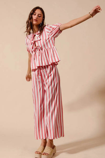 SO ME Front Tie Stripe Top With Puff Sleeves and Wide Leg Pants Set Trendsi fcc432736807410fa134e038beac89eb-Max-Origin