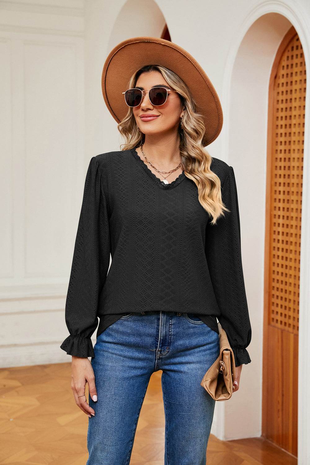 V-Neck Flounce Sleeve Blouse Trendsi fcef0e8070e7405b9abece280d84f4e8-Max