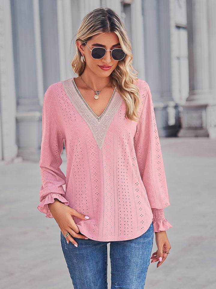 V-Neck Eyelet Flounce Sleeve Blouse Trendsi fd03467daa8743539e1cf4e3256ad174-Max