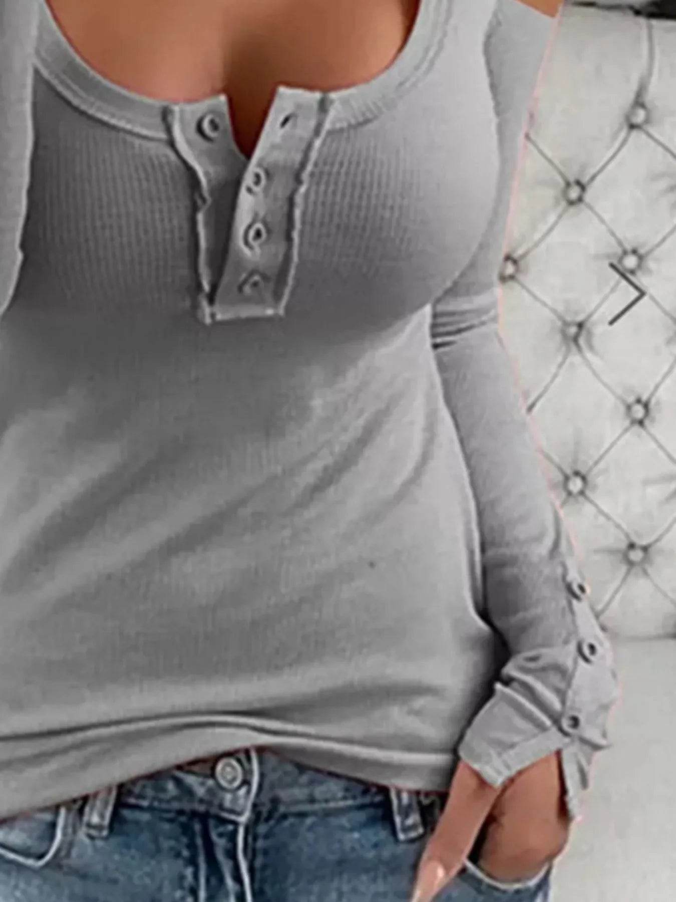 Cold Shoulder Ribbed Henley T-Shirt with Button Detail Trendsi fd243475-7a01-41d7-9d97-6a8803888be9-Max-Origin