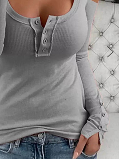 Cold Shoulder Ribbed Henley T-Shirt with Button Detail Trendsi fd243475-7a01-41d7-9d97-6a8803888be9-Max-Origin