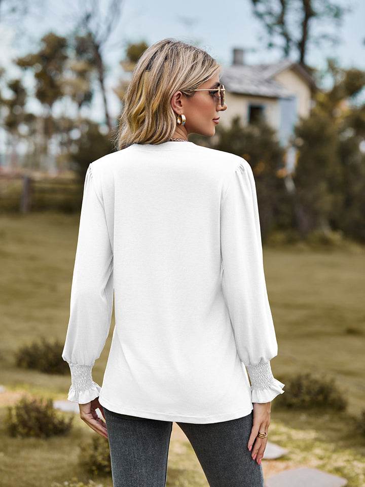 Notched Neck Flounce Sleeve Blouse Trendsi fd54eee66e494fc5ac316958945c7828-Max