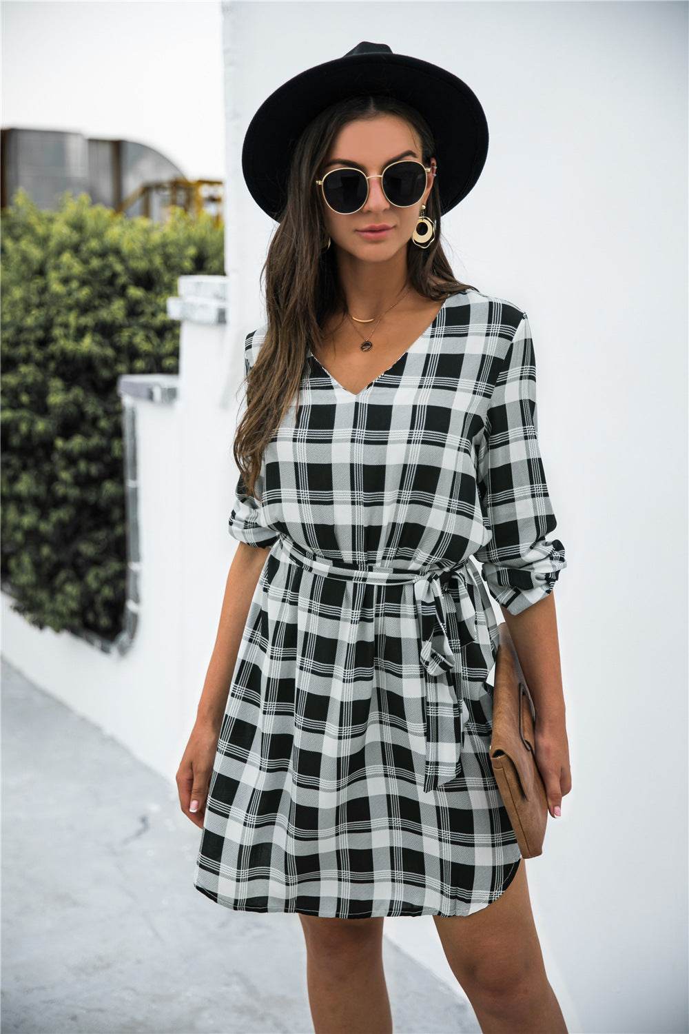 Plaid V-Neck Tie Waist Dress Trendsi fd677e38c17149828213a6ad99a0e67a-Max