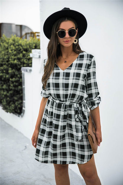 Plaid V-Neck Tie Waist Dress Trendsi fd677e38c17149828213a6ad99a0e67a-Max