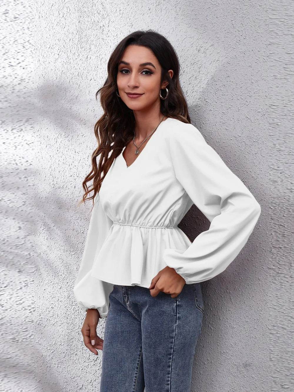 V-Neck Balloon Sleeve Peplum Blouse Trendsi fd6e1ef684f6473bac89214ab3760966-Max