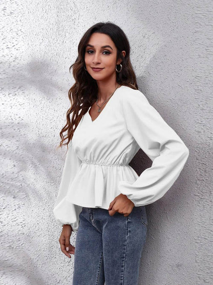 V-Neck Balloon Sleeve Peplum Blouse Trendsi fd6e1ef684f6473bac89214ab3760966-Max