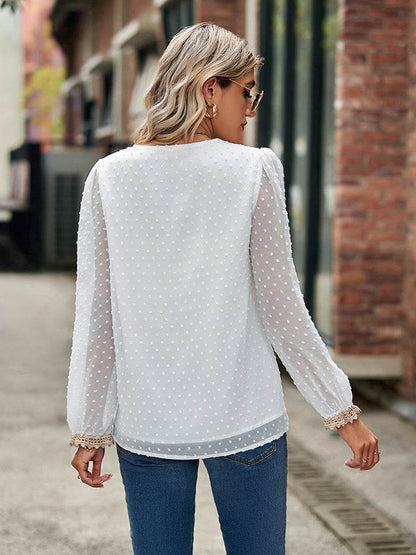 Swiss Dot V-Neck Long Sleeve Blouse Trendsi fd781347ab314b008256c70b32f53430-Max
