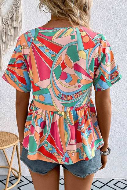 Printed Tie Neck Short Sleeve Blouse Trendsi fda56788e3154324abe77e4e4a606302-Max