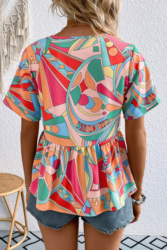 Printed Tie Neck Short Sleeve Blouse Trendsi fda56788e3154324abe77e4e4a606302-Max