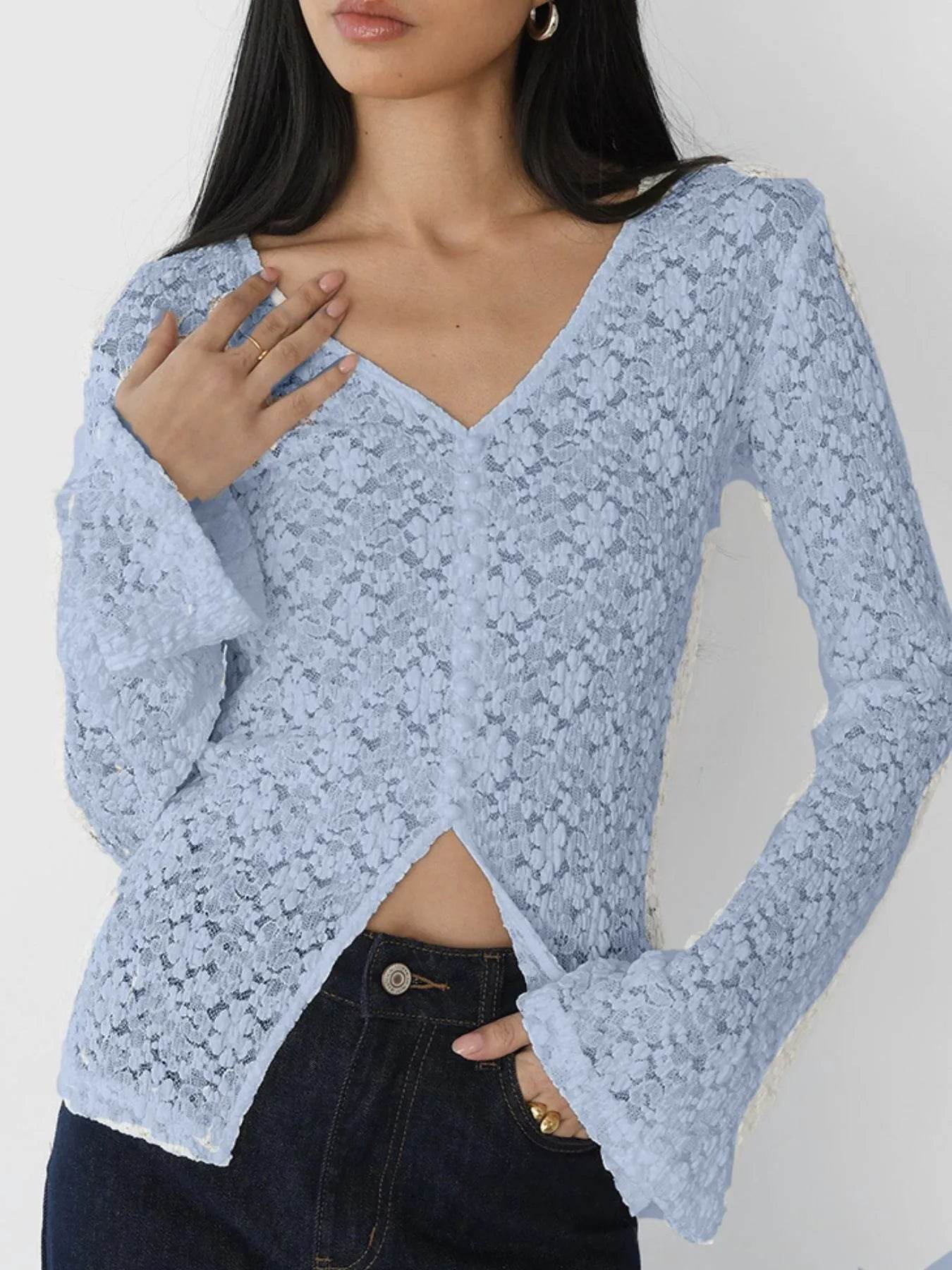 Lace V-Neck Flare Sleeve T-Shirt Light Blue Trendsi fe055599-f671-48a9-8282-8d3b6a9a17f3-Max-Origin