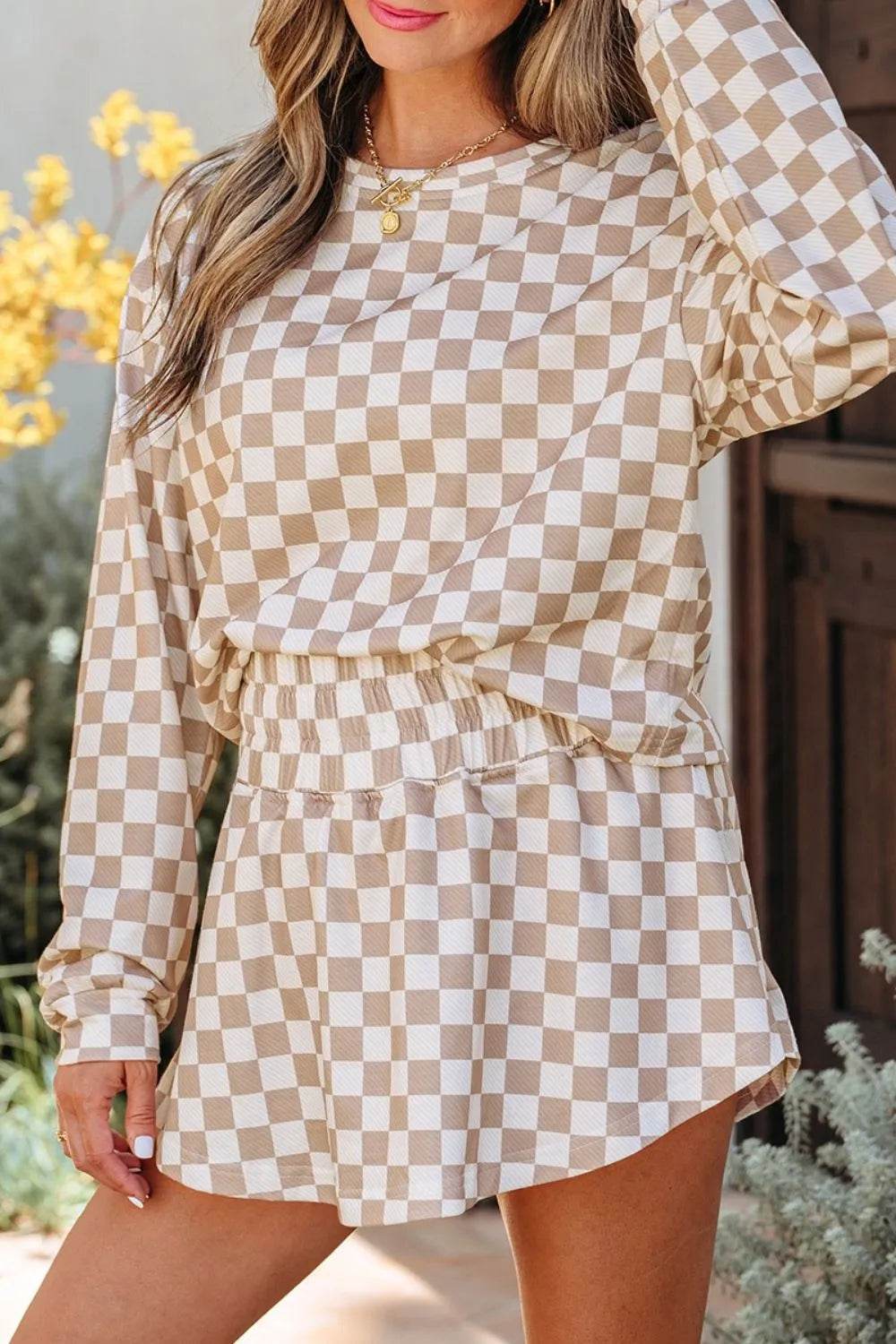 Checkered Long Sleeve Top and Skirt Two-Piece Set Trendsi fe224f42-835d-4f7b-8861-8a4e37230694-Max-Origin