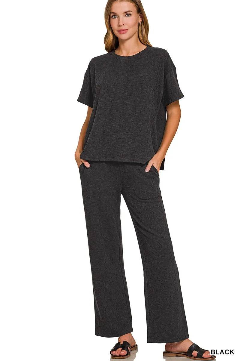 Zenana Slub Short Sleeve T-Shirt and Pants Set BLACK Trendsi fe7ac238f1e04d9bb5b5c7c461bdad9e-Max-Origin