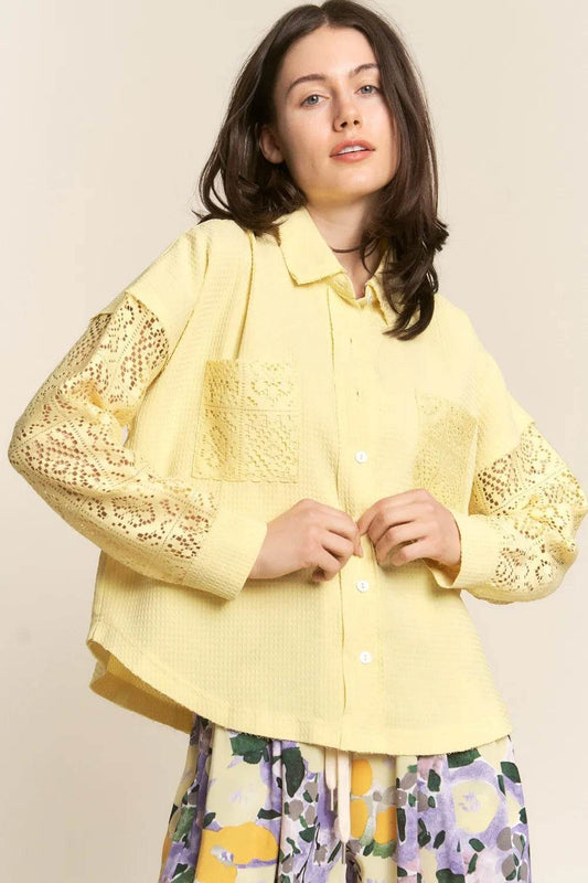 J.NNA Button Down Lace Long Sleeve Waffle Shirt Yellow Trendsi fe89cee3-31ce-471c-8cea-f0d0a418b1b3-Max
