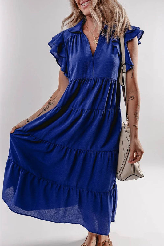 Ruffled Short Sleeve Collared V Neck Tiered Midi Dress Trendsi fe92fd4c-083e-4f1c-ad40-9c6381a6c60a-Max