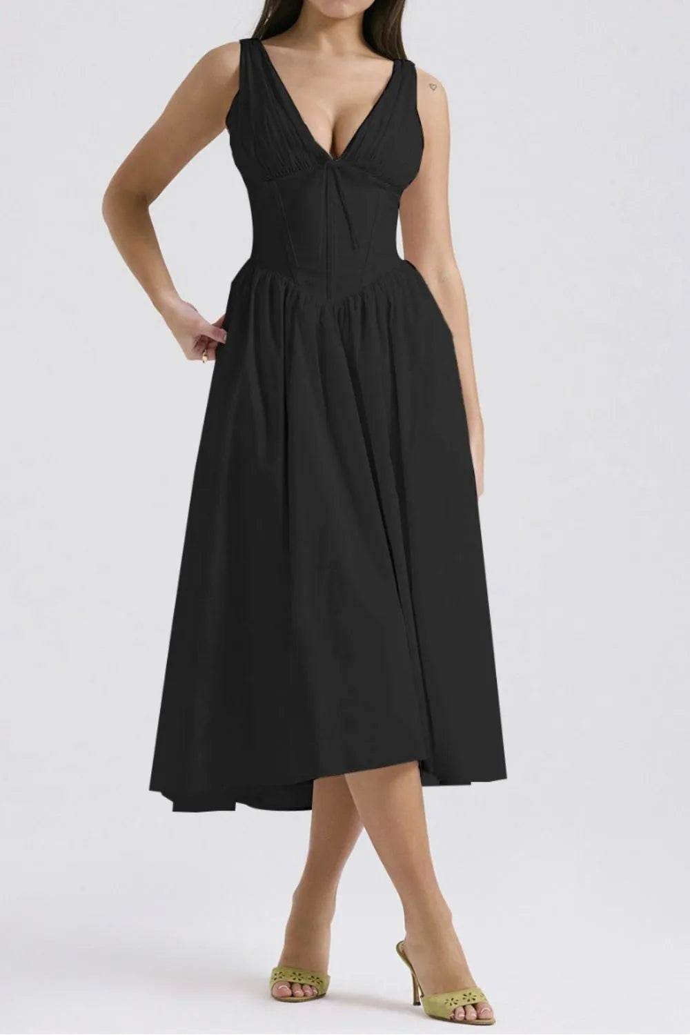 Ruched V-Neck Sleeveless Dress with Pockets Trendsi fea6c550-b90d-4328-9f17-a0f9503c19fd-Max-Origin
