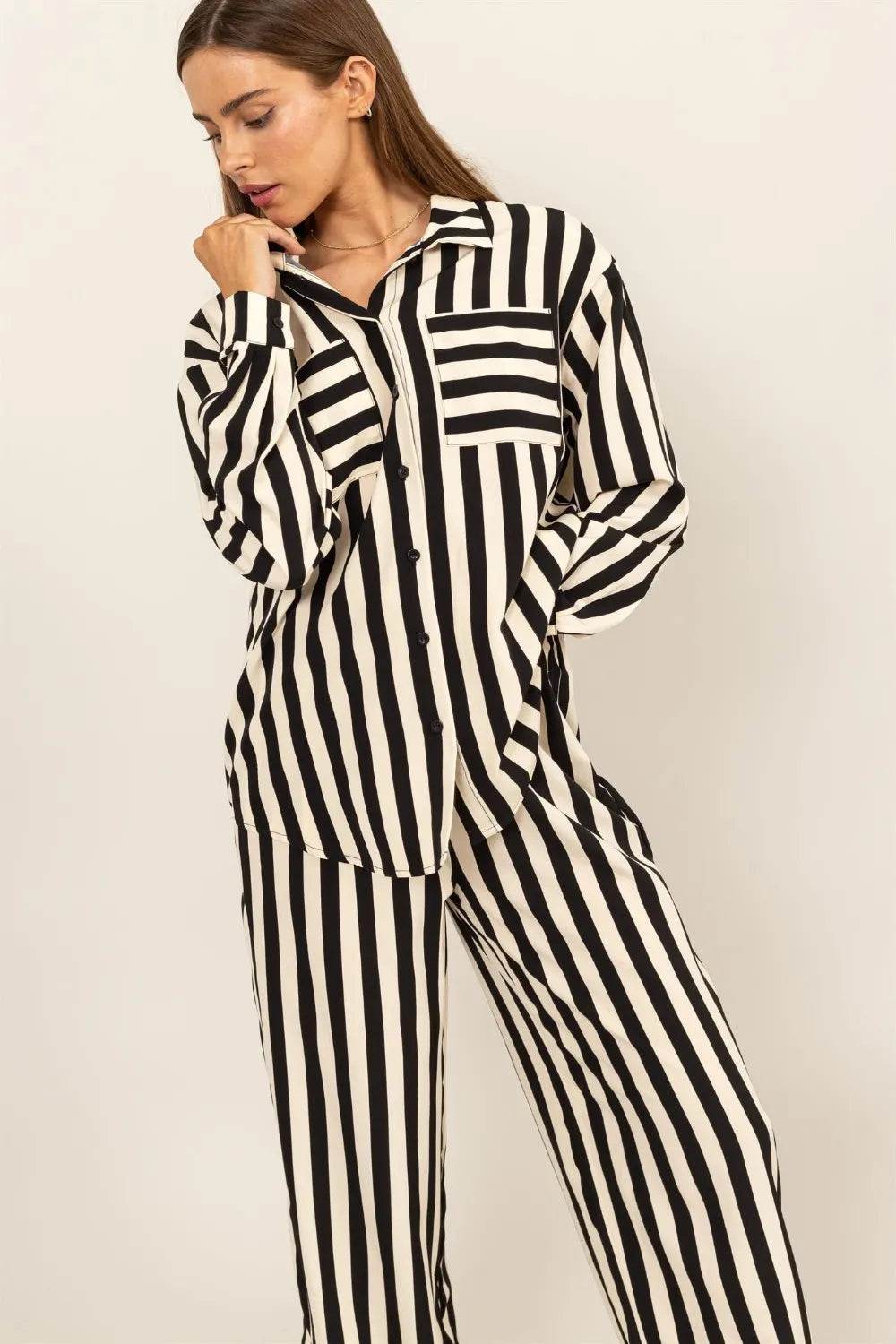 HYFVE Striped Button Up Shirt and Pants Set Trendsi fed91eed-9ce7-48b6-bad2-a8692e5893e2-Max